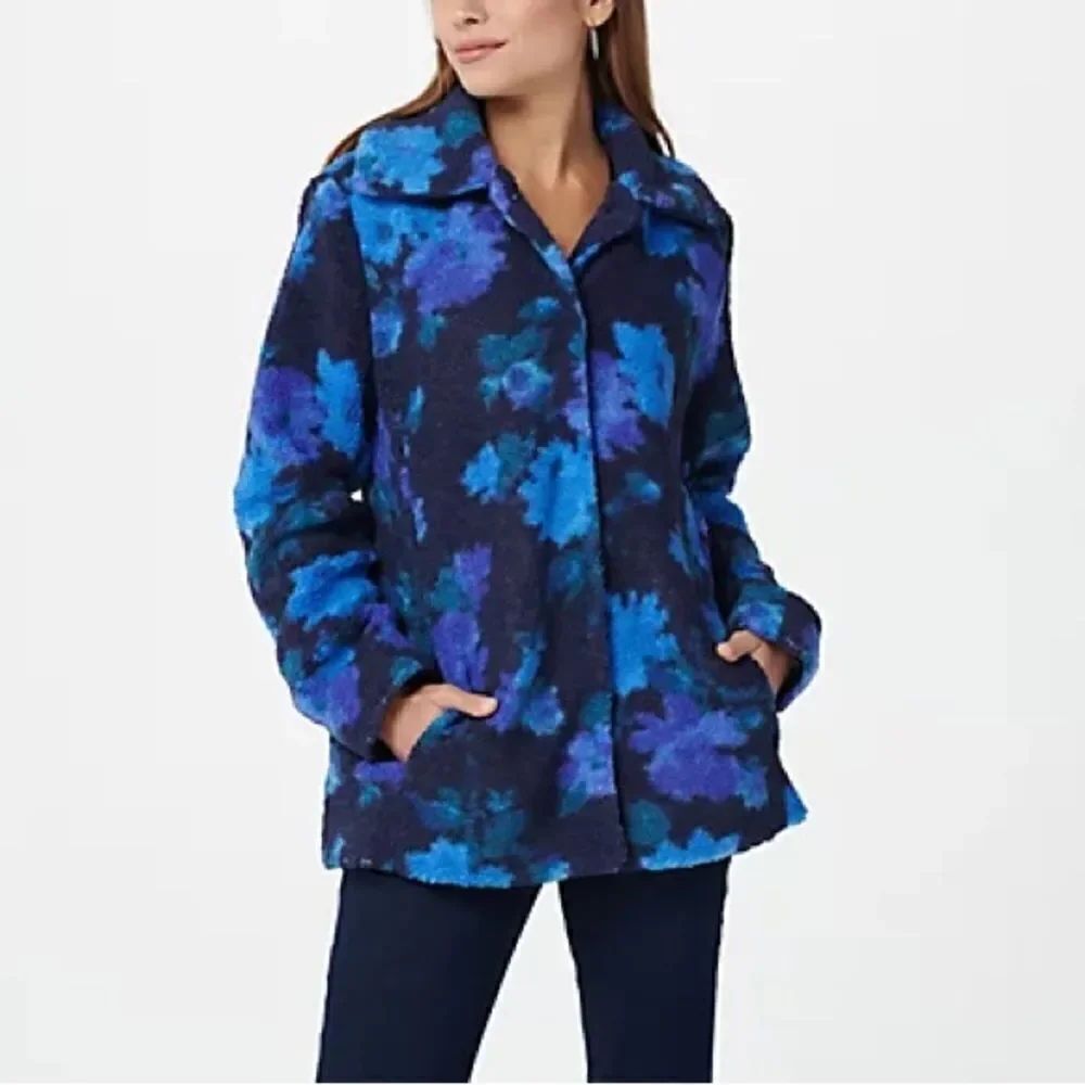Isaac Mizrahi Live! Floral Printed Faux Fur Shearling Coat